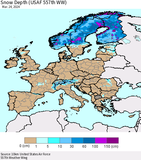 Europe Snow Depth (USAF 557th WW) Thematic Map For 3/18/2024 - 3/24/2024