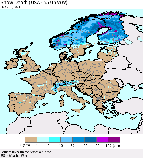 Europe Snow Depth (USAF 557th WW) Thematic Map For 3/25/2024 - 3/31/2024