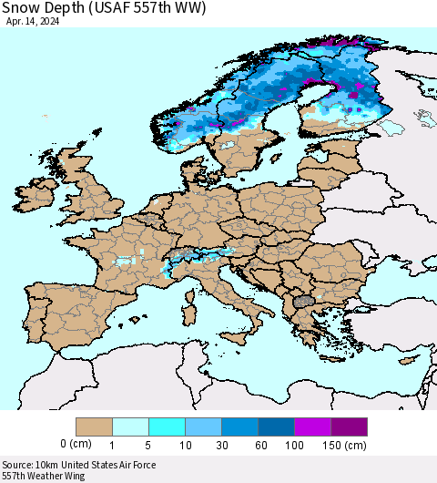 Europe Snow Depth (USAF 557th WW) Thematic Map For 4/8/2024 - 4/14/2024