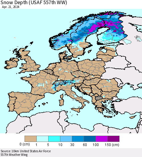 Europe Snow Depth (USAF 557th WW) Thematic Map For 4/15/2024 - 4/21/2024