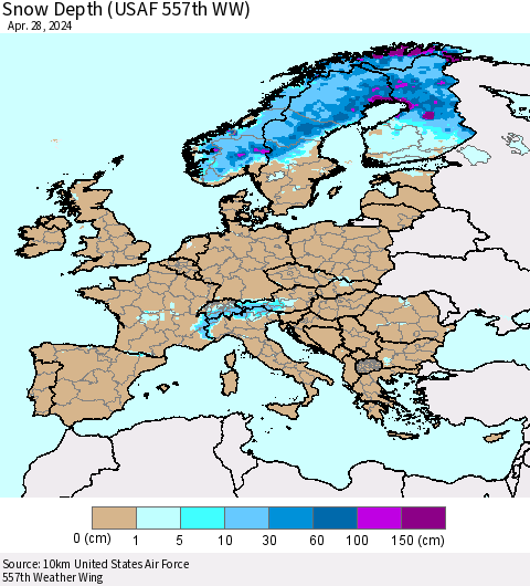 Europe Snow Depth (USAF 557th WW) Thematic Map For 4/22/2024 - 4/28/2024