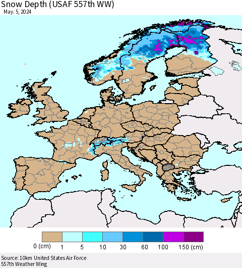 Europe Snow Depth (USAF 557th WW) Thematic Map For 4/29/2024 - 5/5/2024