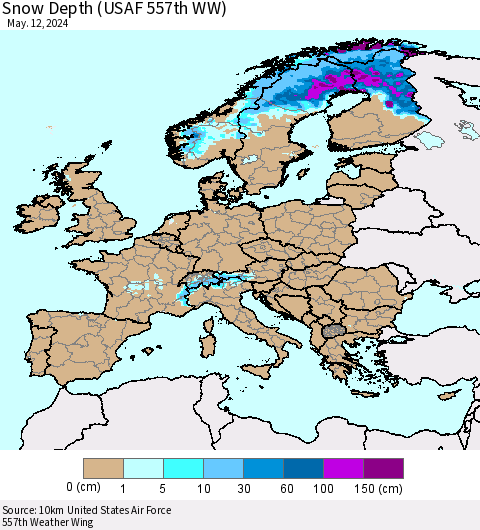 Europe Snow Depth (USAF 557th WW) Thematic Map For 5/6/2024 - 5/12/2024