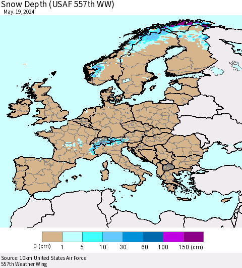 Europe Snow Depth (USAF 557th WW) Thematic Map For 5/13/2024 - 5/19/2024
