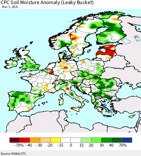 Europe CPC Soil Moisture Anomaly (Leaky Bucket) Thematic Map For 3/1/2021 - 3/5/2021