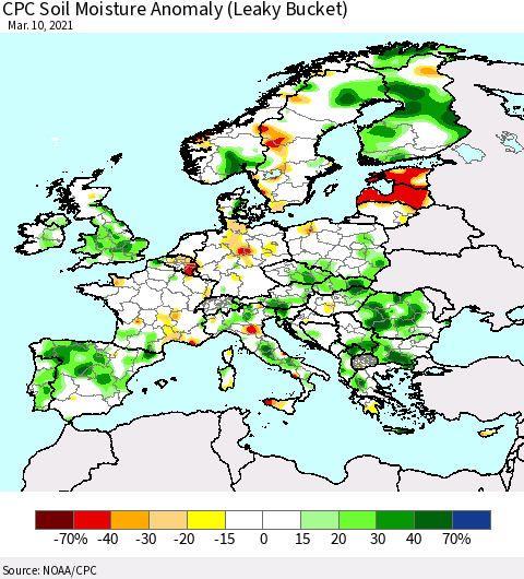 Europe CPC Soil Moisture Anomaly (Leaky Bucket) Thematic Map For 3/6/2021 - 3/10/2021