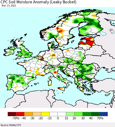 Europe CPC Soil Moisture Anomaly (Leaky Bucket) Thematic Map For 3/11/2021 - 3/15/2021