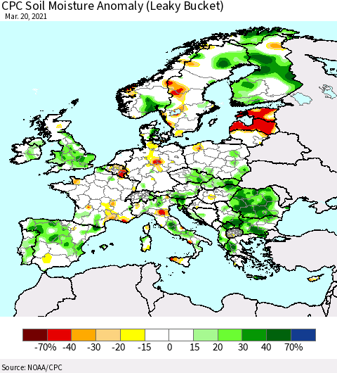 Europe CPC Soil Moisture Anomaly (Leaky Bucket) Thematic Map For 3/16/2021 - 3/20/2021