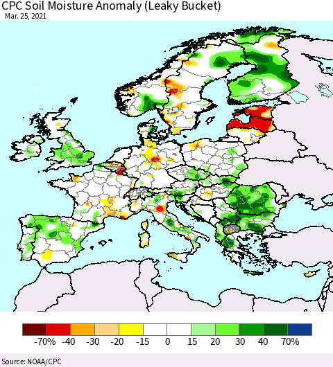 Europe CPC Soil Moisture Anomaly (Leaky Bucket) Thematic Map For 3/21/2021 - 3/25/2021