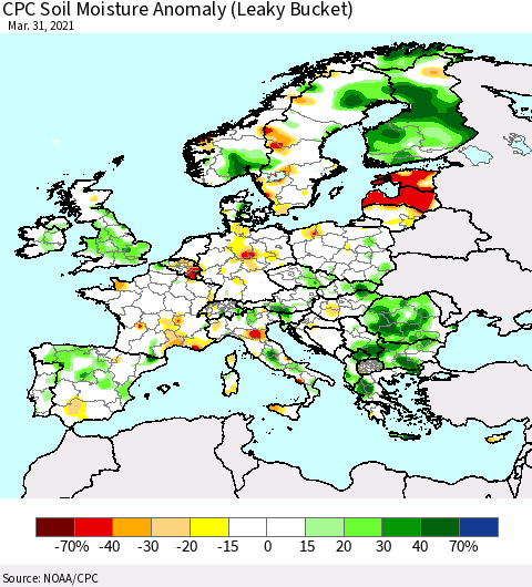 Europe CPC Soil Moisture Anomaly (Leaky Bucket) Thematic Map For 3/26/2021 - 3/31/2021