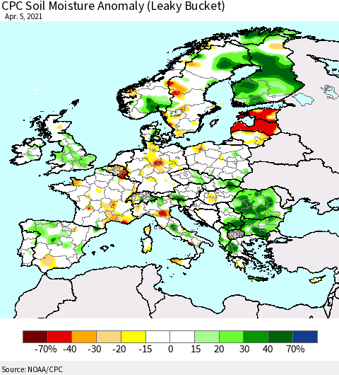 Europe CPC Soil Moisture Anomaly (Leaky Bucket) Thematic Map For 4/1/2021 - 4/5/2021