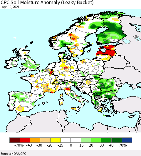 Europe CPC Soil Moisture Anomaly (Leaky Bucket) Thematic Map For 4/6/2021 - 4/10/2021