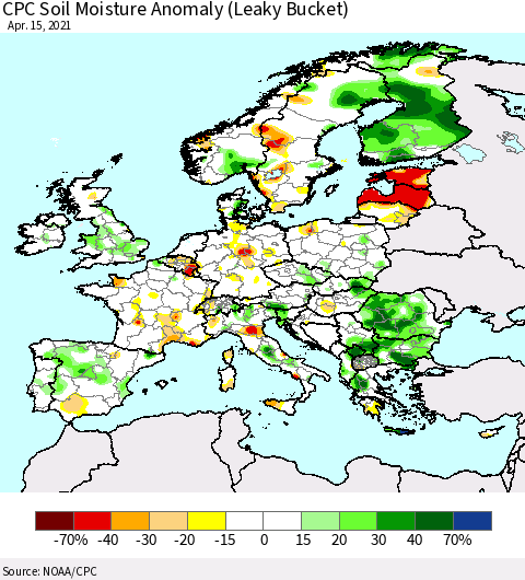 Europe CPC Soil Moisture Anomaly (Leaky Bucket) Thematic Map For 4/11/2021 - 4/15/2021