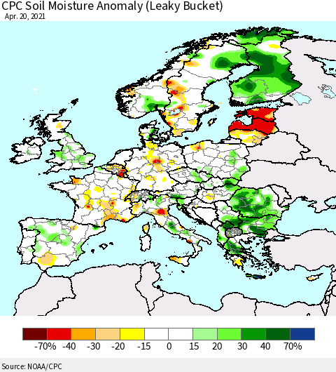 Europe CPC Soil Moisture Anomaly (Leaky Bucket) Thematic Map For 4/16/2021 - 4/20/2021