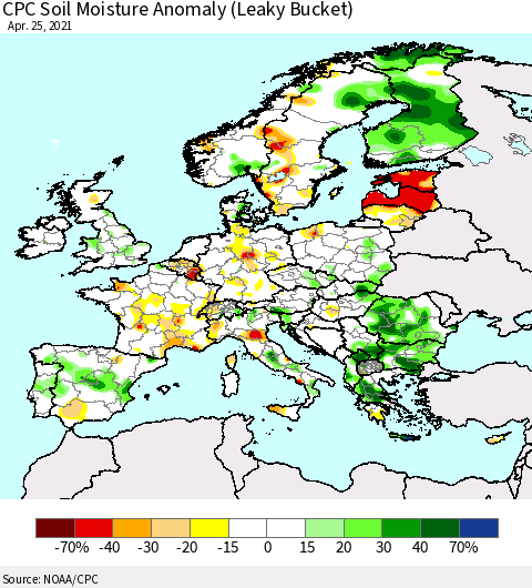 Europe CPC Soil Moisture Anomaly (Leaky Bucket) Thematic Map For 4/21/2021 - 4/25/2021