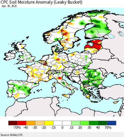Europe CPC Soil Moisture Anomaly (Leaky Bucket) Thematic Map For 4/26/2021 - 4/30/2021