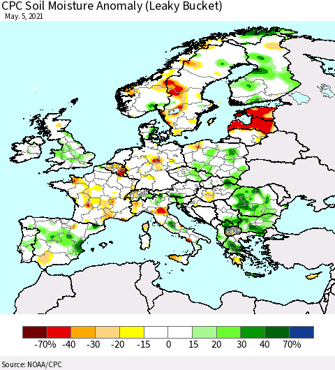 Europe CPC Soil Moisture Anomaly (Leaky Bucket) Thematic Map For 5/1/2021 - 5/5/2021