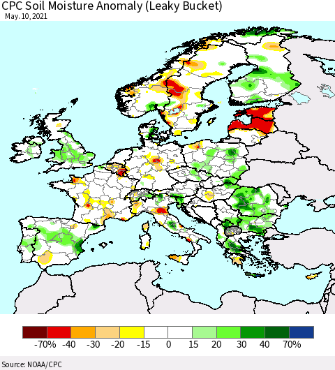 Europe CPC Soil Moisture Anomaly (Leaky Bucket) Thematic Map For 5/6/2021 - 5/10/2021
