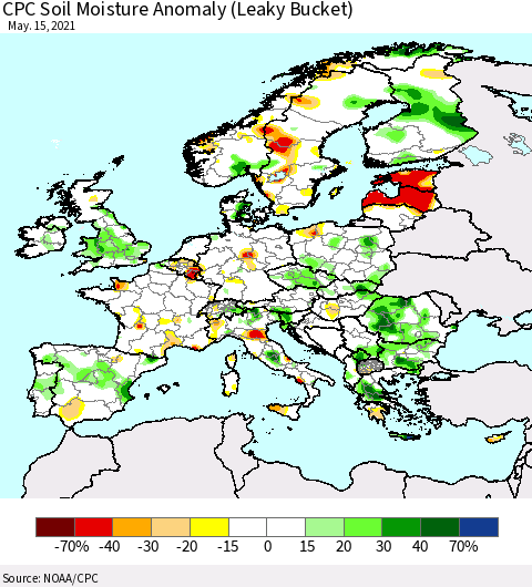 Europe CPC Soil Moisture Anomaly (Leaky Bucket) Thematic Map For 5/11/2021 - 5/15/2021