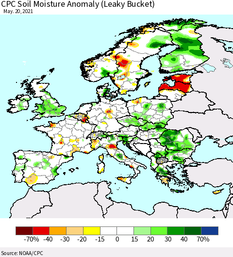 Europe CPC Soil Moisture Anomaly (Leaky Bucket) Thematic Map For 5/16/2021 - 5/20/2021