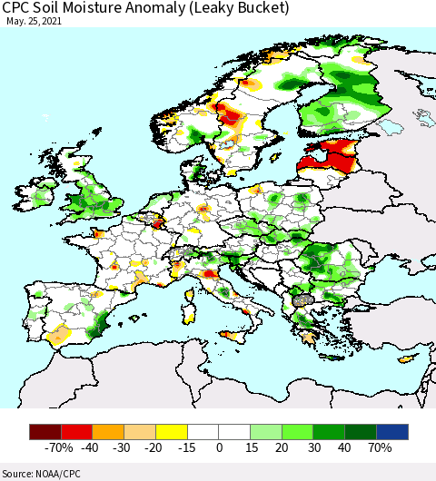 Europe CPC Soil Moisture Anomaly (Leaky Bucket) Thematic Map For 5/21/2021 - 5/25/2021