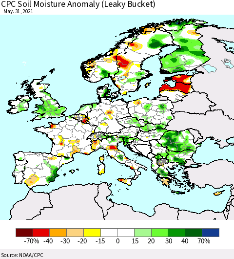 Europe CPC Soil Moisture Anomaly (Leaky Bucket) Thematic Map For 5/26/2021 - 5/31/2021