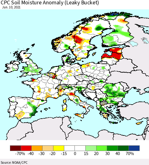Europe CPC Soil Moisture Anomaly (Leaky Bucket) Thematic Map For 6/6/2021 - 6/10/2021