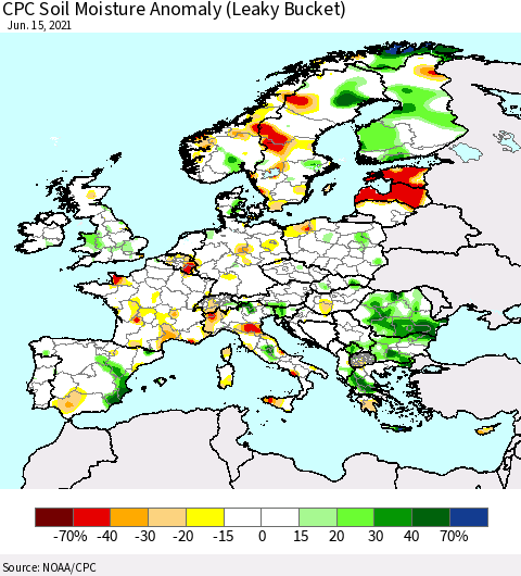 Europe CPC Soil Moisture Anomaly (Leaky Bucket) Thematic Map For 6/11/2021 - 6/15/2021