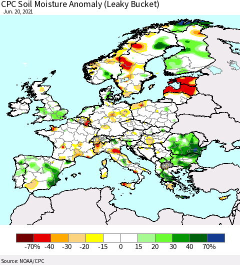 Europe CPC Soil Moisture Anomaly (Leaky Bucket) Thematic Map For 6/16/2021 - 6/20/2021