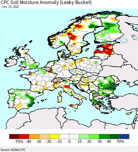 Europe CPC Soil Moisture Anomaly (Leaky Bucket) Thematic Map For 6/21/2021 - 6/25/2021