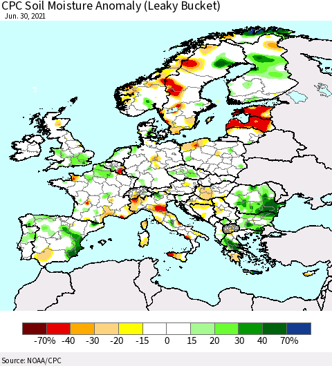 Europe CPC Soil Moisture Anomaly (Leaky Bucket) Thematic Map For 6/26/2021 - 6/30/2021