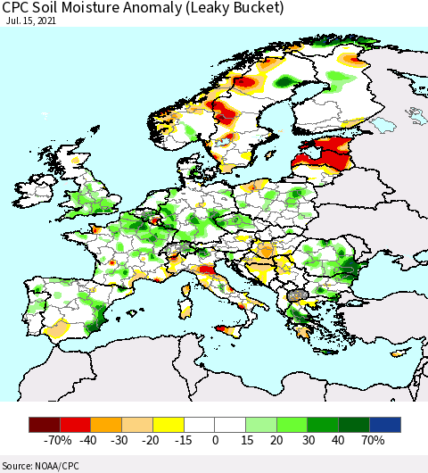 Europe CPC Soil Moisture Anomaly (Leaky Bucket) Thematic Map For 7/11/2021 - 7/15/2021