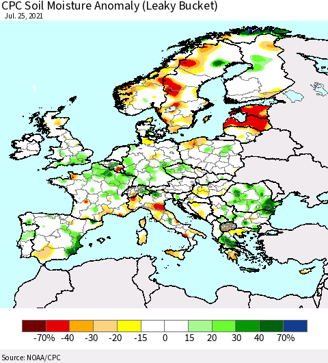 Europe CPC Soil Moisture Anomaly (Leaky Bucket) Thematic Map For 7/21/2021 - 7/25/2021