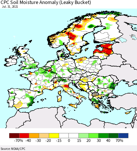 Europe CPC Soil Moisture Anomaly (Leaky Bucket) Thematic Map For 7/26/2021 - 7/31/2021
