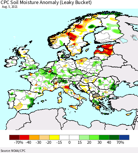 Europe CPC Soil Moisture Anomaly (Leaky Bucket) Thematic Map For 8/1/2021 - 8/5/2021