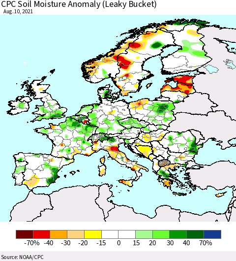 Europe CPC Soil Moisture Anomaly (Leaky Bucket) Thematic Map For 8/6/2021 - 8/10/2021