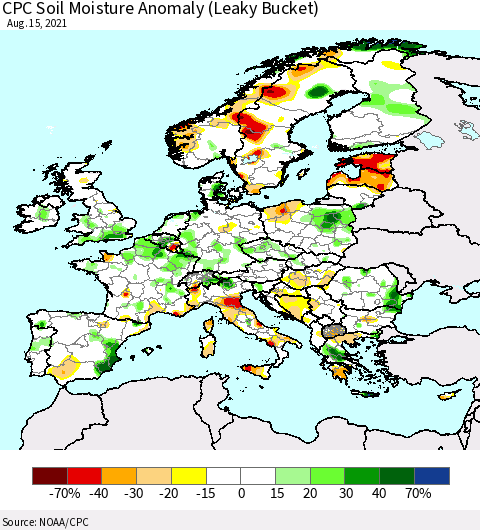 Europe CPC Soil Moisture Anomaly (Leaky Bucket) Thematic Map For 8/11/2021 - 8/15/2021