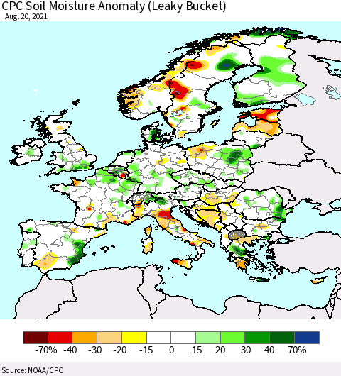 Europe CPC Soil Moisture Anomaly (Leaky Bucket) Thematic Map For 8/16/2021 - 8/20/2021