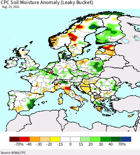 Europe CPC Soil Moisture Anomaly (Leaky Bucket) Thematic Map For 8/21/2021 - 8/25/2021