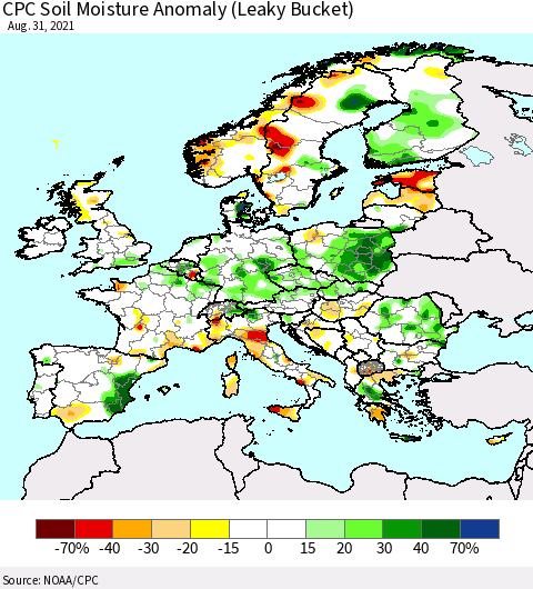 Europe CPC Soil Moisture Anomaly (Leaky Bucket) Thematic Map For 8/26/2021 - 8/31/2021