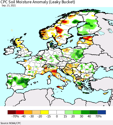 Europe CPC Soil Moisture Anomaly (Leaky Bucket) Thematic Map For 9/11/2021 - 9/15/2021