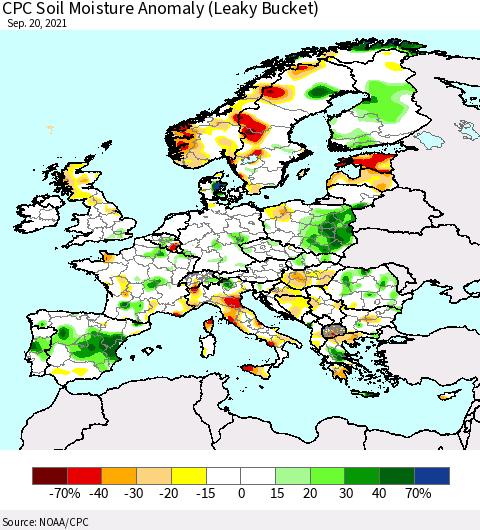 Europe CPC Soil Moisture Anomaly (Leaky Bucket) Thematic Map For 9/16/2021 - 9/20/2021