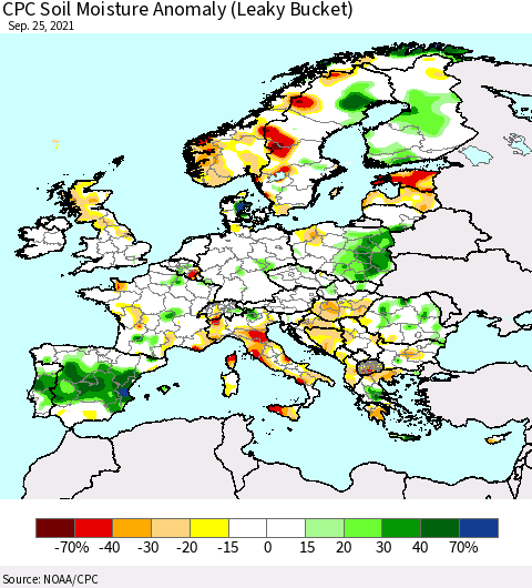 Europe CPC Soil Moisture Anomaly (Leaky Bucket) Thematic Map For 9/21/2021 - 9/25/2021