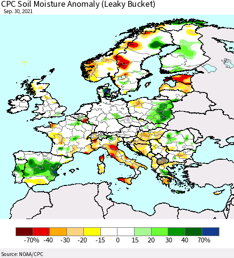 Europe CPC Soil Moisture Anomaly (Leaky Bucket) Thematic Map For 9/26/2021 - 9/30/2021