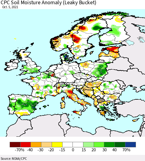 Europe CPC Soil Moisture Anomaly (Leaky Bucket) Thematic Map For 10/1/2021 - 10/5/2021