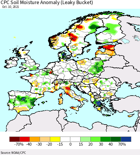 Europe CPC Soil Moisture Anomaly (Leaky Bucket) Thematic Map For 10/6/2021 - 10/10/2021
