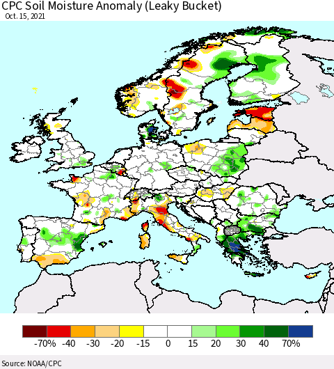 Europe CPC Soil Moisture Anomaly (Leaky Bucket) Thematic Map For 10/11/2021 - 10/15/2021