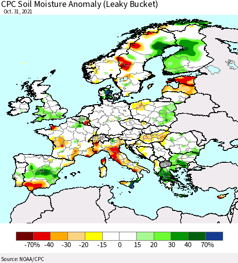 Europe CPC Soil Moisture Anomaly (Leaky Bucket) Thematic Map For 10/26/2021 - 10/31/2021
