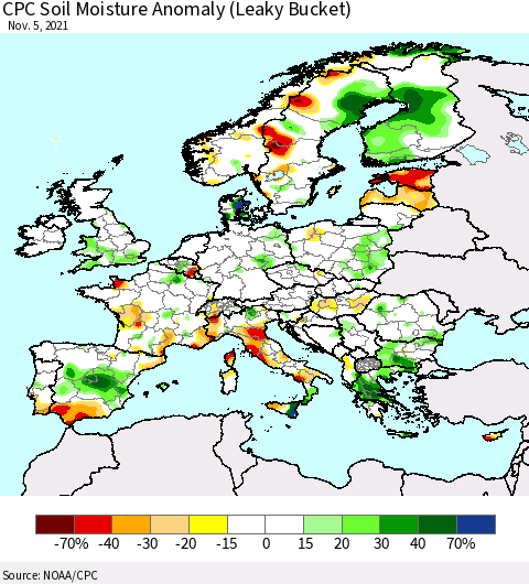 Europe CPC Soil Moisture Anomaly (Leaky Bucket) Thematic Map For 11/1/2021 - 11/5/2021