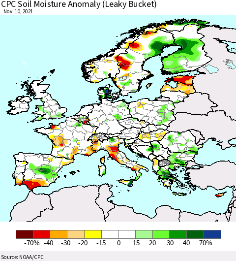 Europe CPC Soil Moisture Anomaly (Leaky Bucket) Thematic Map For 11/6/2021 - 11/10/2021